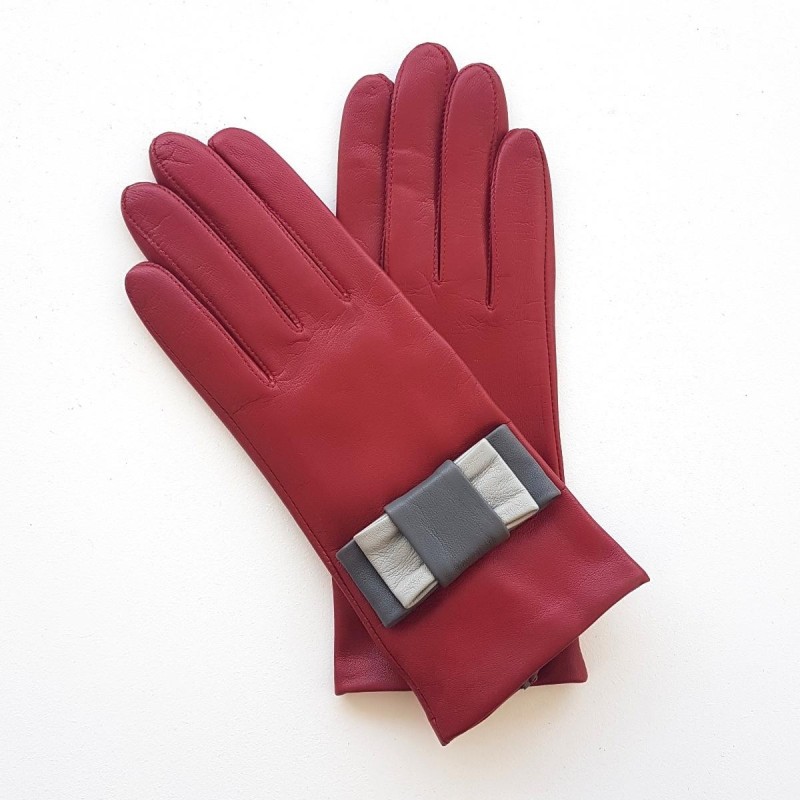 Gants en Cuir d'Agneau Rouges Gris Nellie Doublés Soie.