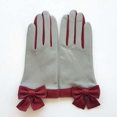 Gants en Cuir d'Agneau Gris Rouge Candie Doublés Soie.