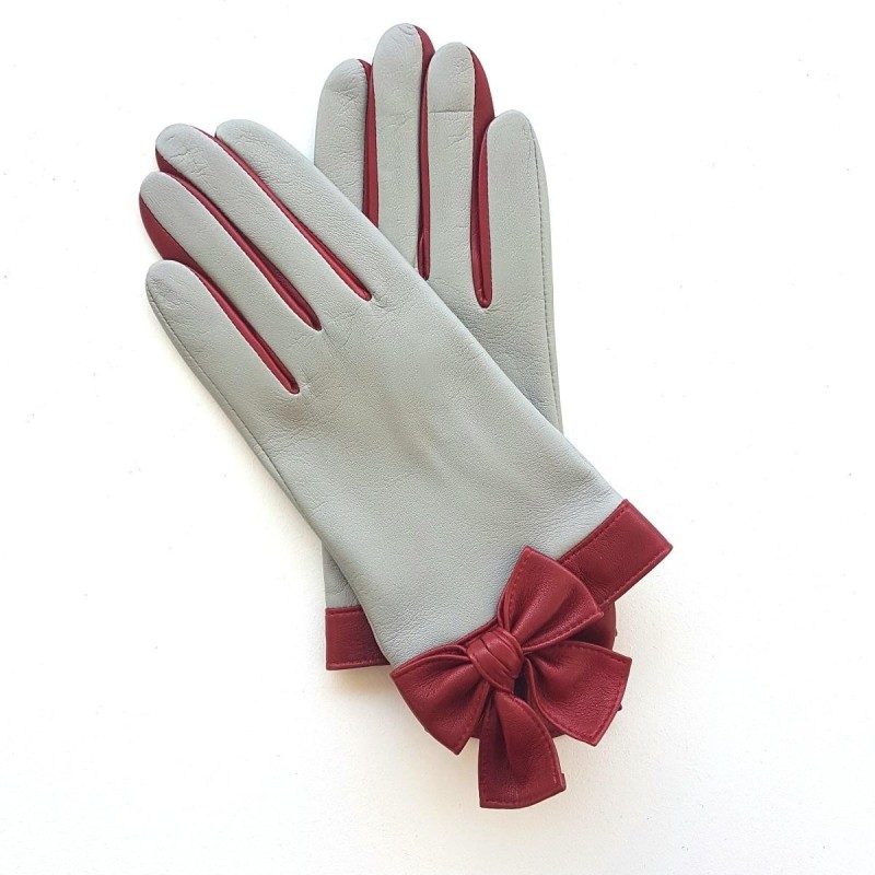 Gants en Cuir d'Agneau Gris Rouge Candie Doublés Soie.