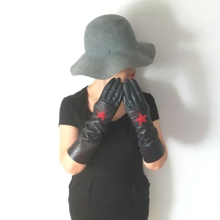 Gants en Cuir d'Agneau Noirs et Rouges Diana Doublés Soie.