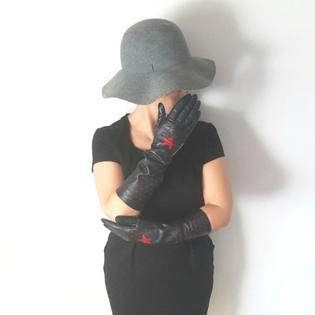 Gants en Cuir d'Agneau Noirs et Rouges Diana Doublés Soie.