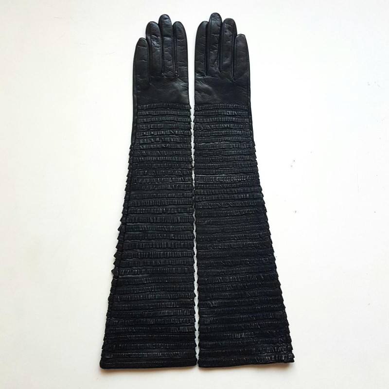 Gants en Cuir d'Agneau Noirs Froufrou Doublure en Soie.