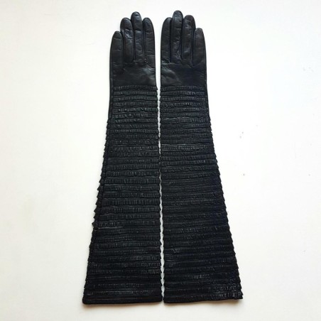 Gants en Cuir d'Agneau Noirs Froufrou Doublure en Soie.