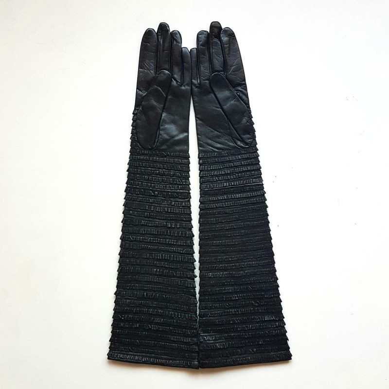 Gants en Cuir d'Agneau Noirs Froufrou Doublure en Soie.