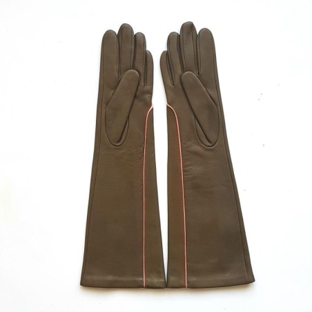 Gants en Cuir d'Agneau Kaki Rose Garance Doublés Soie.