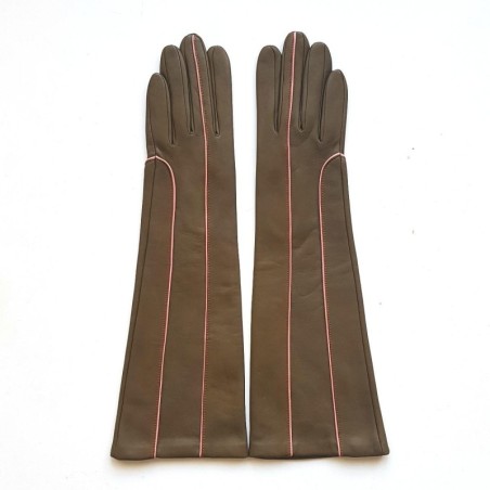 Gants en Cuir d'Agneau Kaki Rose Garance Doublés Soie.