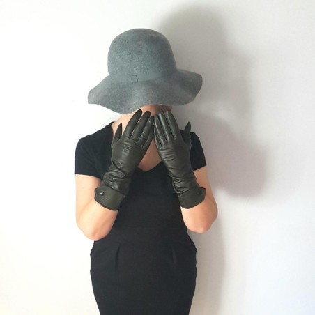 Gants en Cuir d'Agneau Kaki Noir Army Doublure Soie.