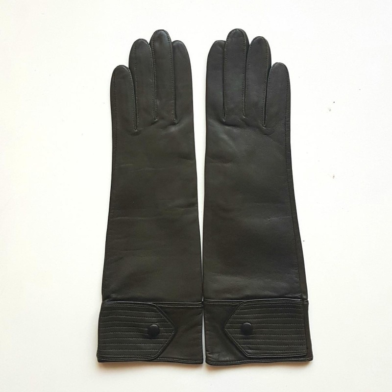 Gants en Cuir d'Agneau Kaki Noir Army Doublure Soie.