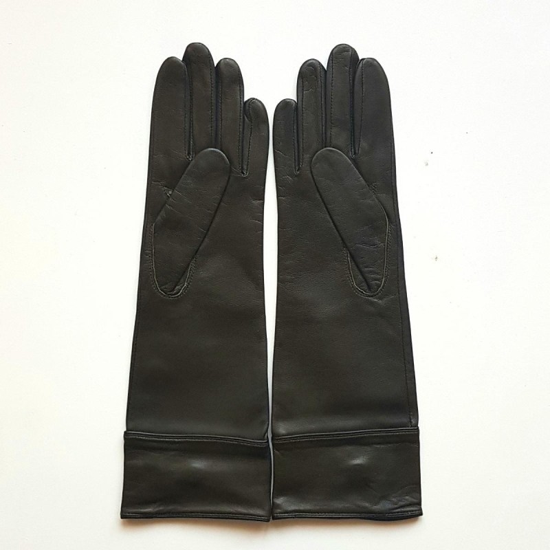 Gants en Cuir d'Agneau Kaki Noir Army Doublure Soie.