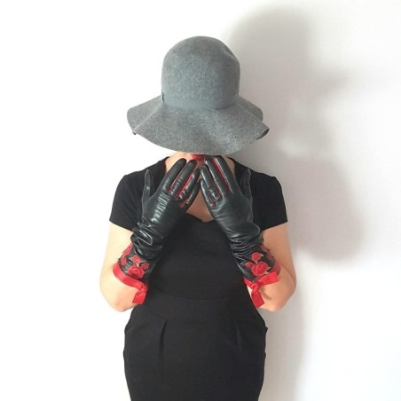 Gants en Cuir d'Agneau Noirs Rouges Macha Doublés Soie.
