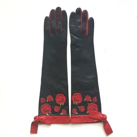 Gants en Cuir d'Agneau Noirs Rouges Macha Doublés Soie.
