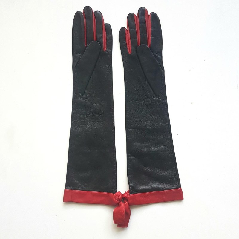 Gants en Cuir d'Agneau Noirs Rouges Macha Doublés Soie.
