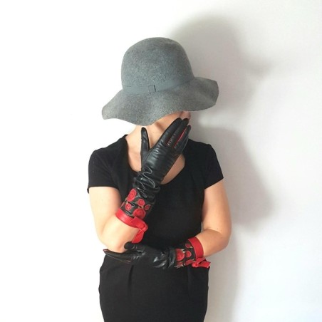 Gants en Cuir d'Agneau Noirs Rouges Macha Doublés Soie.