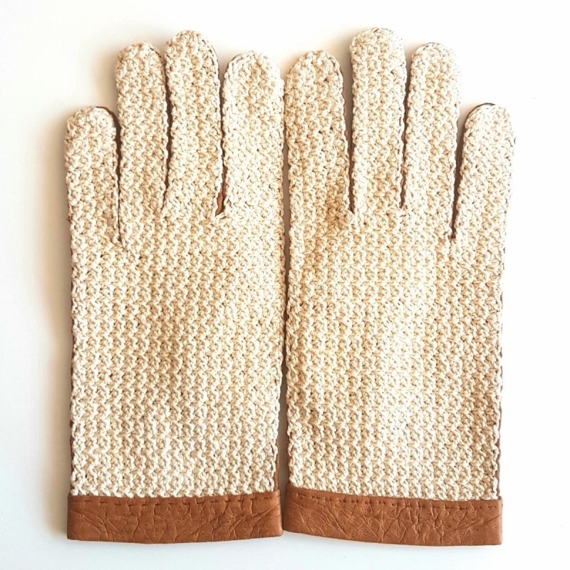Gants en Cuir de Pécari cork Crochet Coton Beige Edouard Non Doublés.