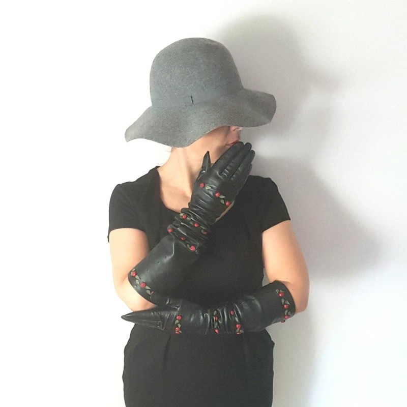 Gants en Cuir d'Agneau Noirs et Rouges Lili Doublés Soie.