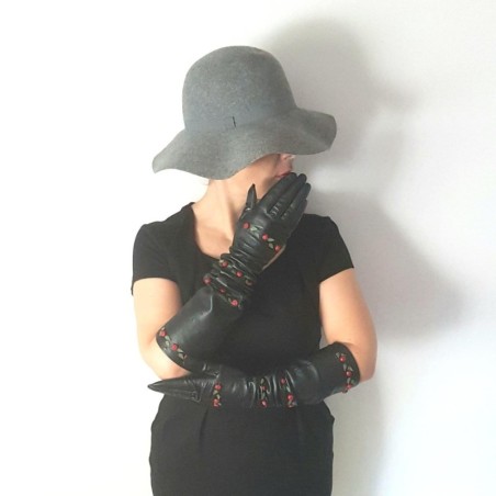 Gants en Cuir d'Agneau Noirs et Rouges Lili Doublés Soie.