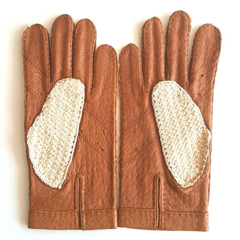 Gants en Cuir de Pécari cork Crochet Coton Beige Edouard Non Doublés.