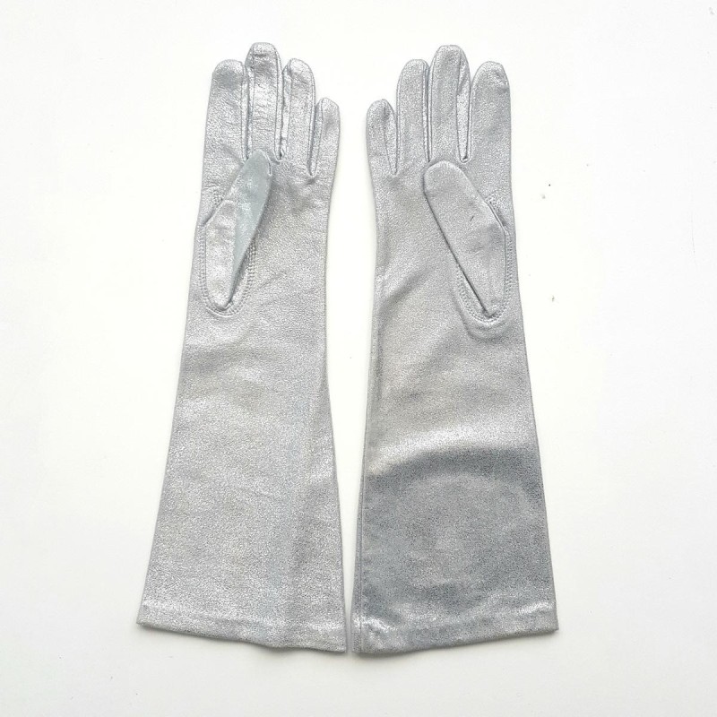Gants en Cuir d'Agneau Argent Disco Doublés Soie.