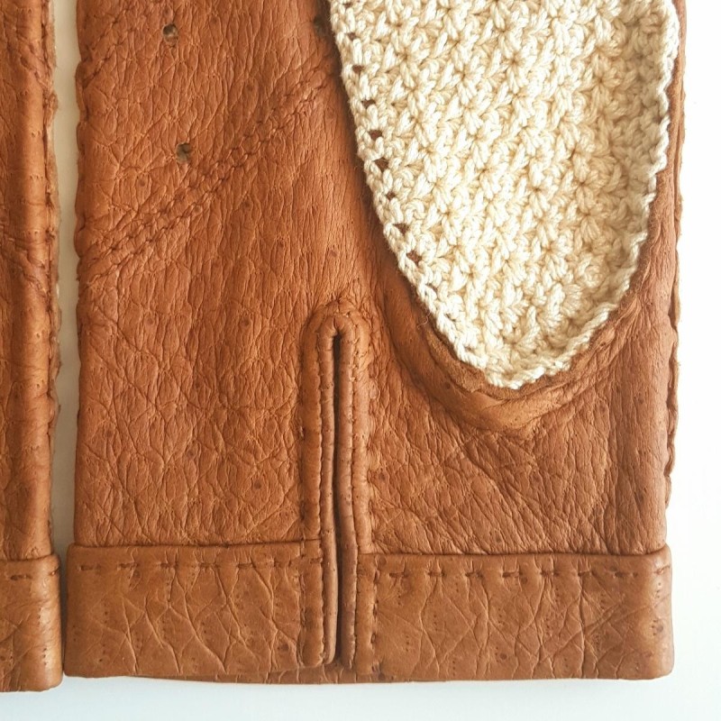 Gants en Cuir de Pécari cork Crochet Coton Beige Edouard Non Doublés.