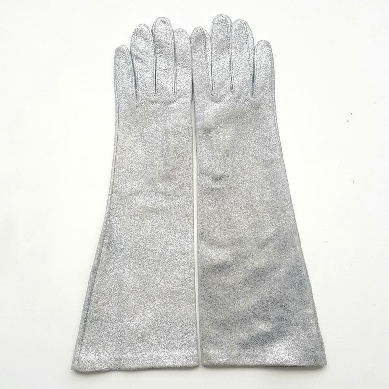 Gants en Cuir d'Agneau Argent Disco Doublés Soie.