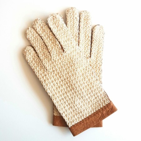 Gants en Cuir de Pécari cork Crochet Coton Beige Edouard Non Doublés.