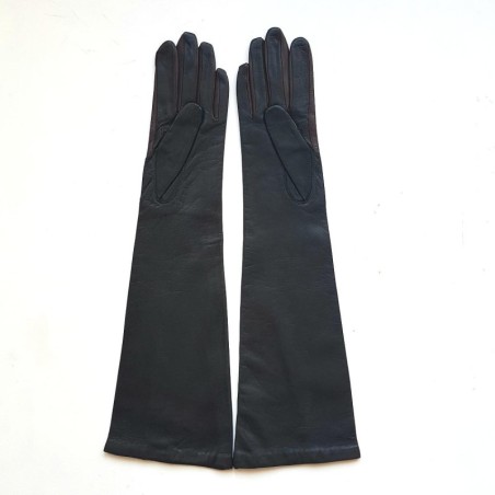 Gants en Cuir d'Agneau Noirs et Marron Chantal Doublés Soie.