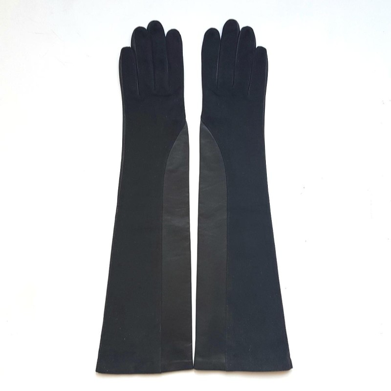 Gants en Cuir d'Agneau et Velours Noirs Chantal Doublés Soie.
