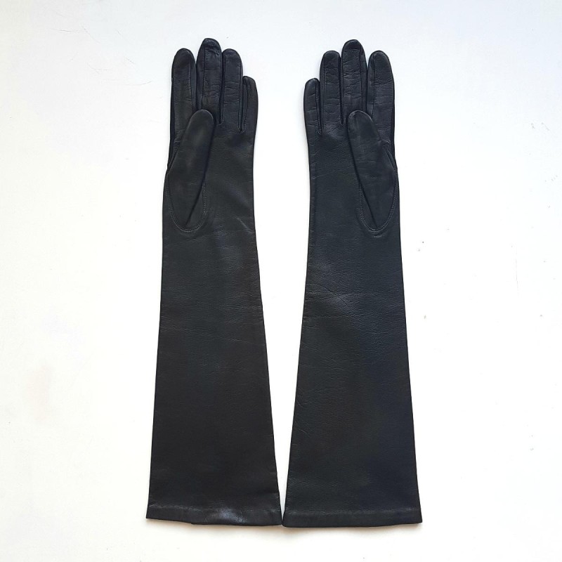 Gants en Cuir d'Agneau et Velours Noirs Chantal Doublés Soie.