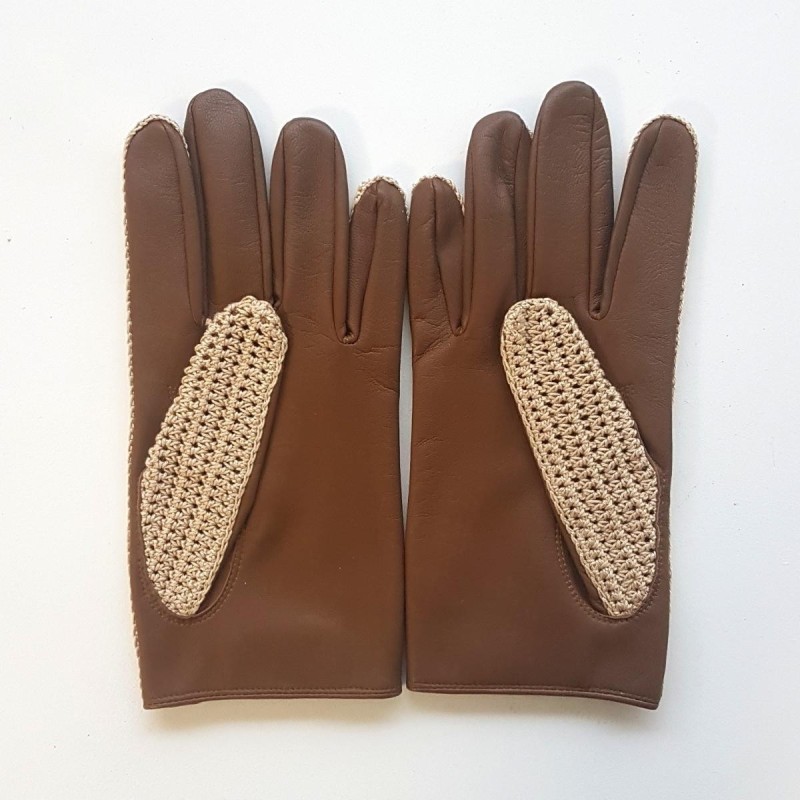 Gants en Cuir d'Agneau, Crochet Coton Biscuit Beige Abel  Non doublés.