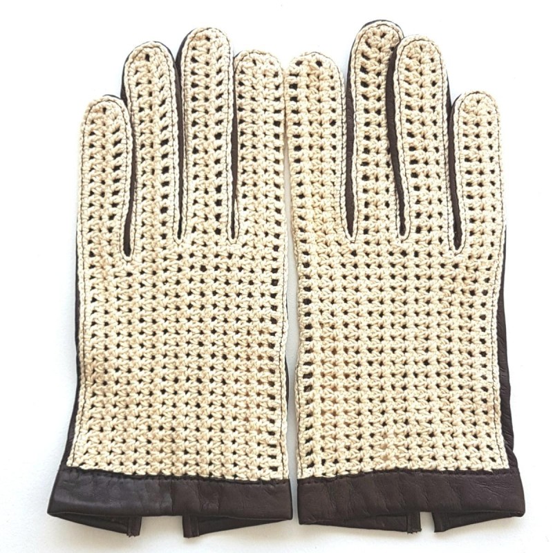 Gants en Cuir d'Agneau Crochet Coton Ebène Beige Louis Non doublés.