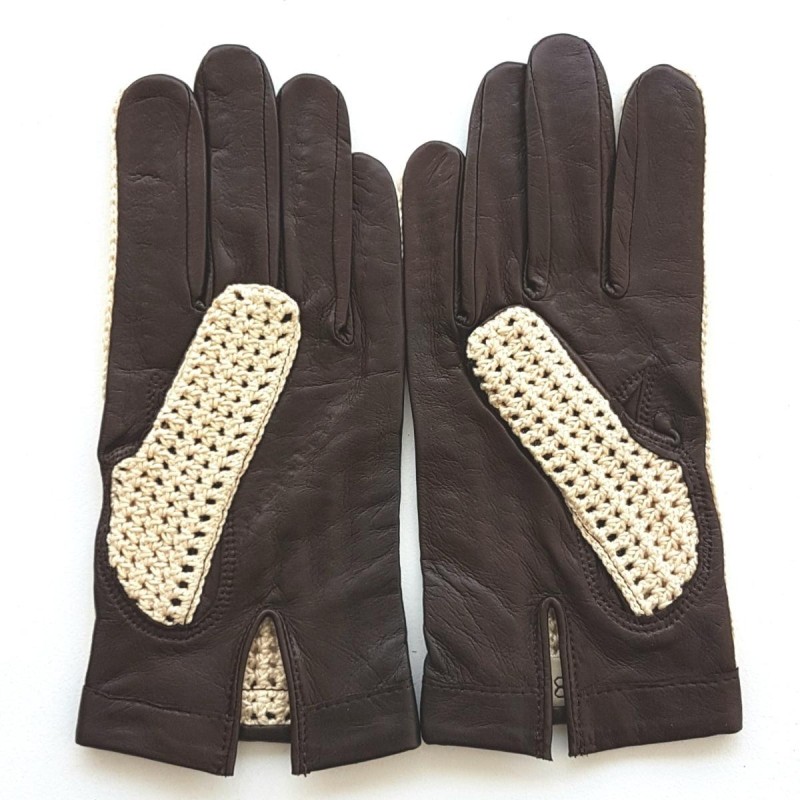 Gants en Cuir d'Agneau Crochet Coton Ebène Beige Louis Non doublés.