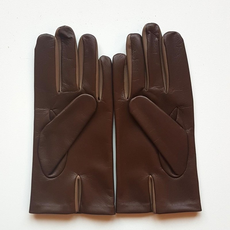 Gants en Cuir d'Agneau Tobacco Argile Twin H Doublés soie.