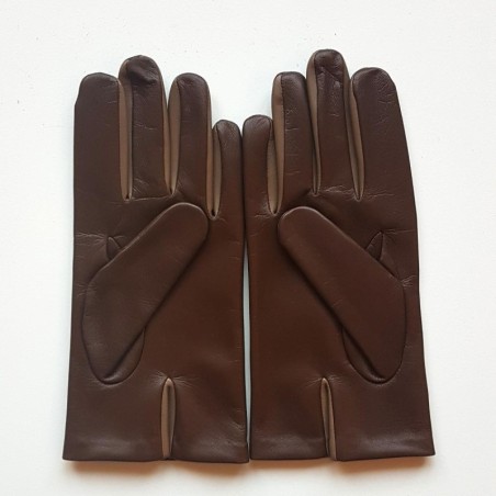 Gants en Cuir d'Agneau Tobacco Argile Twin H Doublés soie.