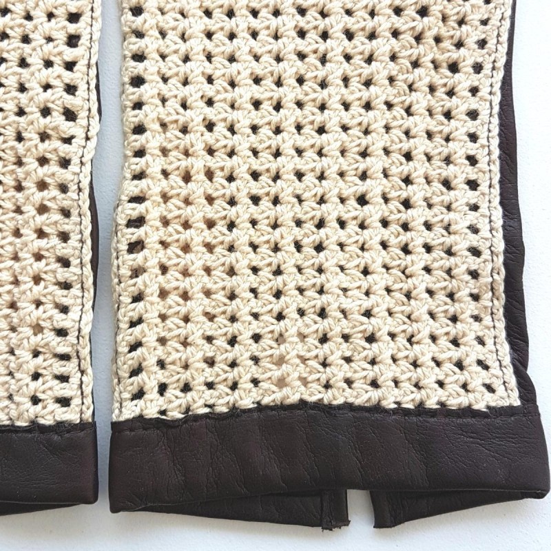Gants en Cuir d'Agneau Crochet Coton Ebène Beige Louis Non doublés.