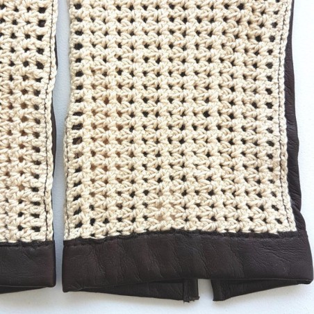 Gants en Cuir d'Agneau Crochet Coton Ebène Beige Louis Non doublés.