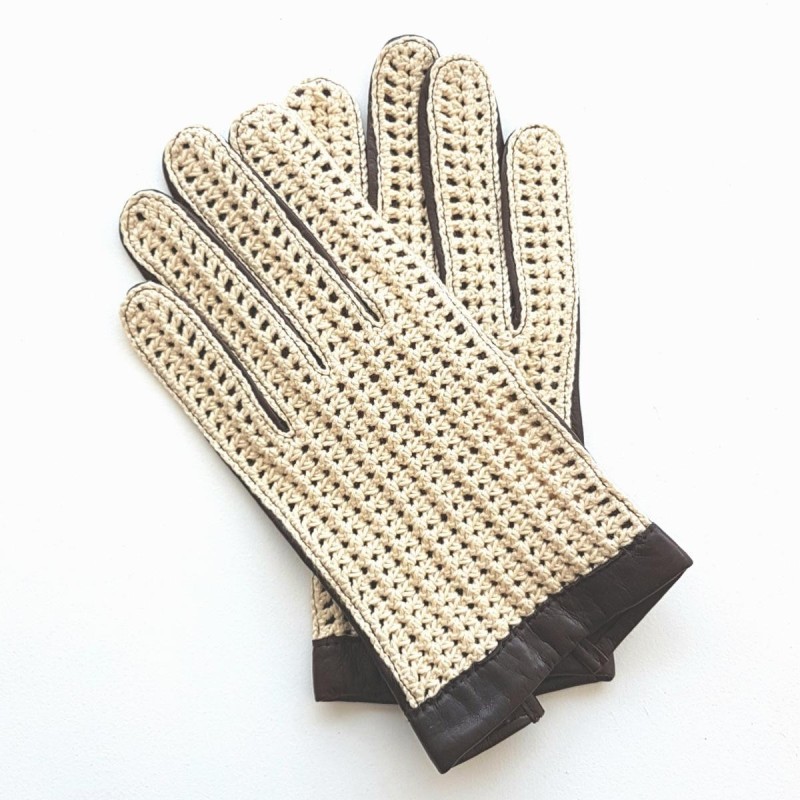 Gants en Cuir d'Agneau Crochet Coton Ebène Beige Louis Non doublés.