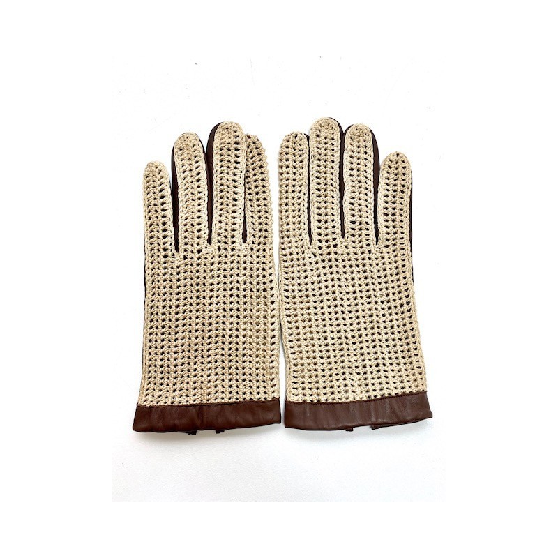 Gants en Cuir d'Agneau Crochet Coton Havane Beige Louis Non doublés.