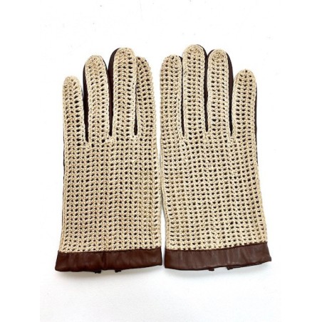 Gants en Cuir d'Agneau Crochet Coton Havane Beige Louis Non doublés.