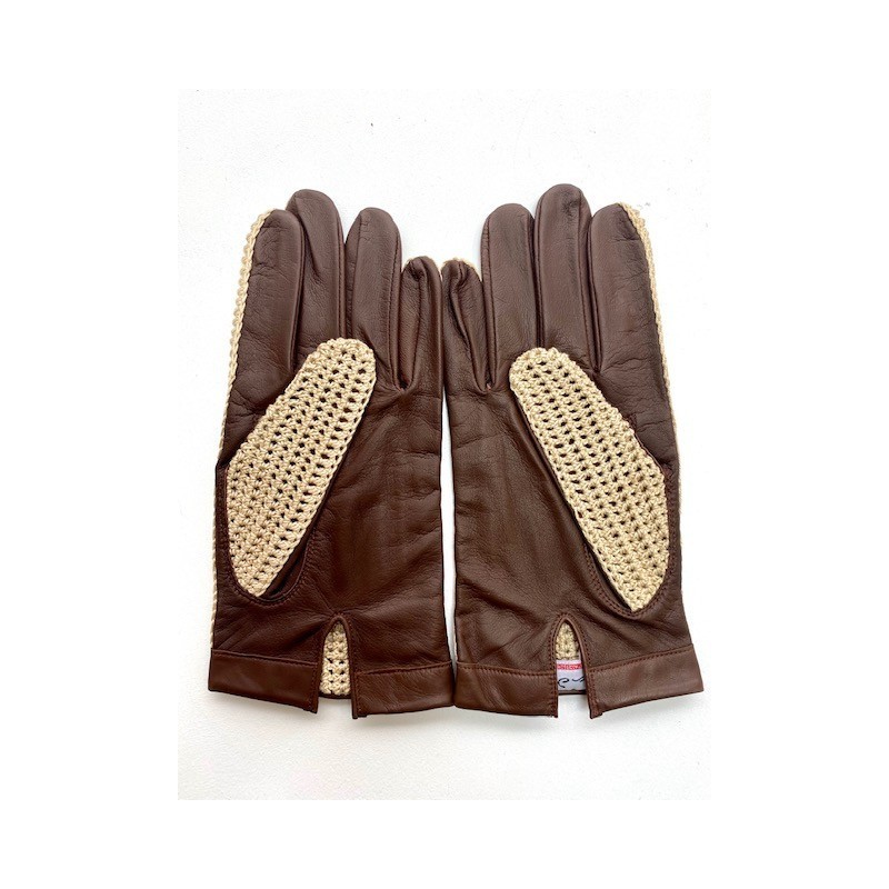 Gants en Cuir d'Agneau Crochet Coton Havane Beige Louis Non doublés.