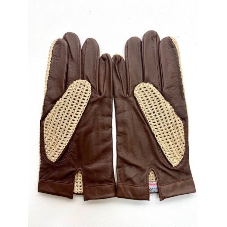 Gants en Cuir d'Agneau Crochet Coton Havane Beige Louis Non doublés.