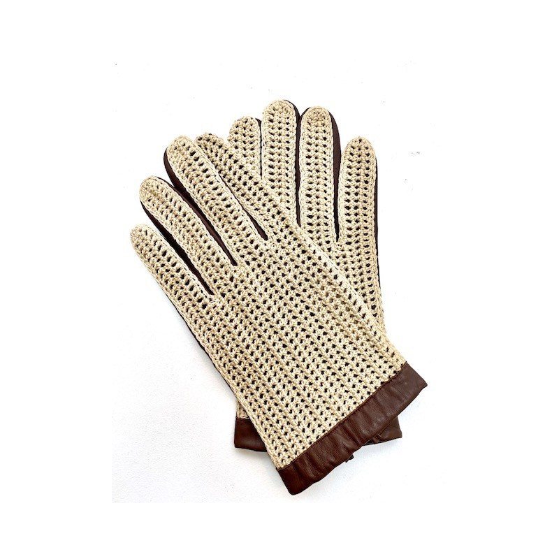 Gants en Cuir d'Agneau Crochet Coton Havane Beige Louis Non doublés.