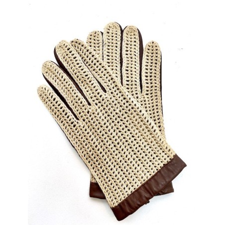 Gants en Cuir d'Agneau Crochet Coton Havane Beige Louis Non doublés.