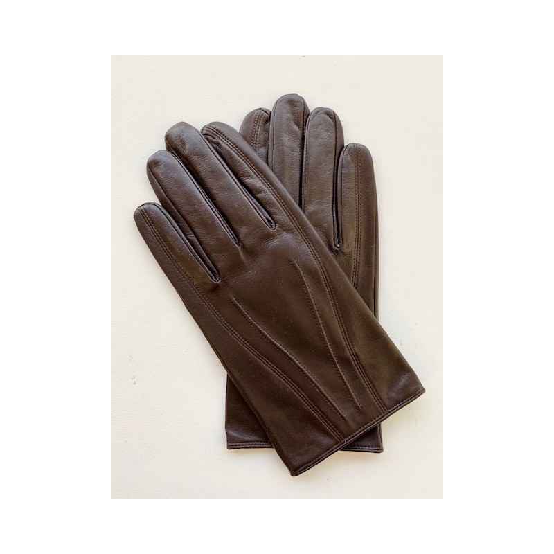 Gants en Cuir d'Agneau Marron Steeve Doublés Soie.