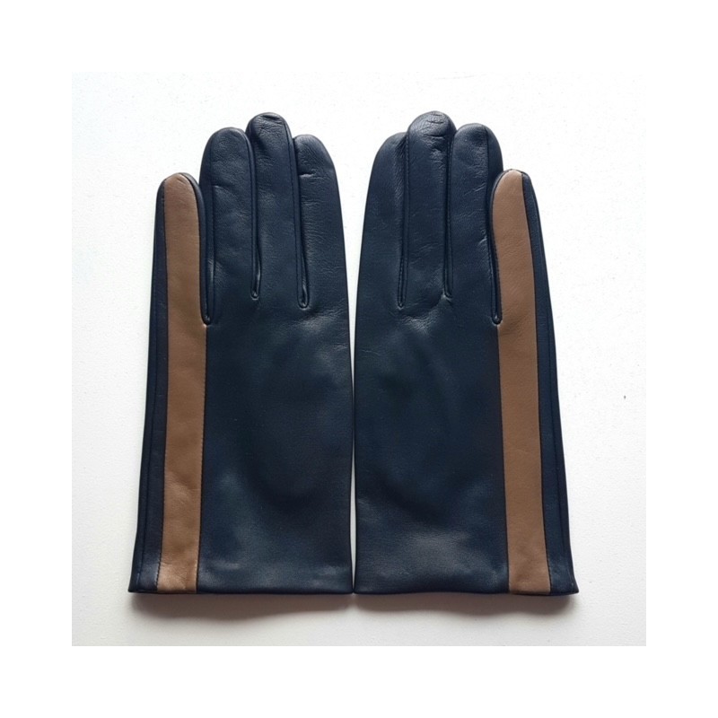 Gants en Cuir d'Agneau Navy Argile Aki Doublés Soie.