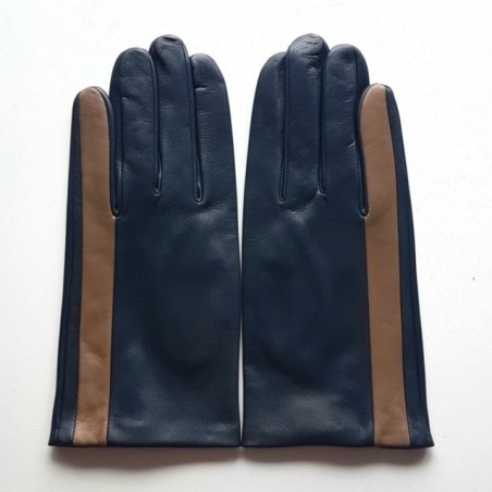 Gants en Cuir d'Agneau Navy Argile Aki Doublés Soie.