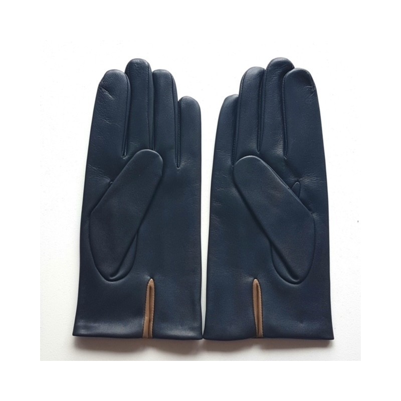 Gants en Cuir d'Agneau Navy Argile Aki Doublés Soie.