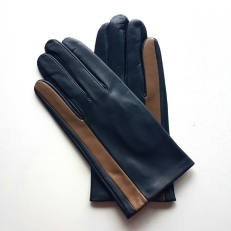 Gants en Cuir d'Agneau Navy Argile Aki Doublés Soie.