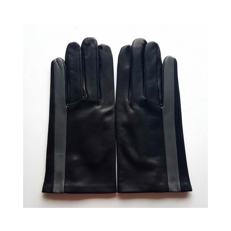 Gants en Cuir d'Agneau Noir Gris Aki Doublés Soie.