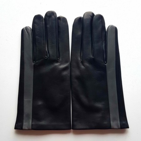 Gants en Cuir d'Agneau Noir Gris Aki Doublés Soie.