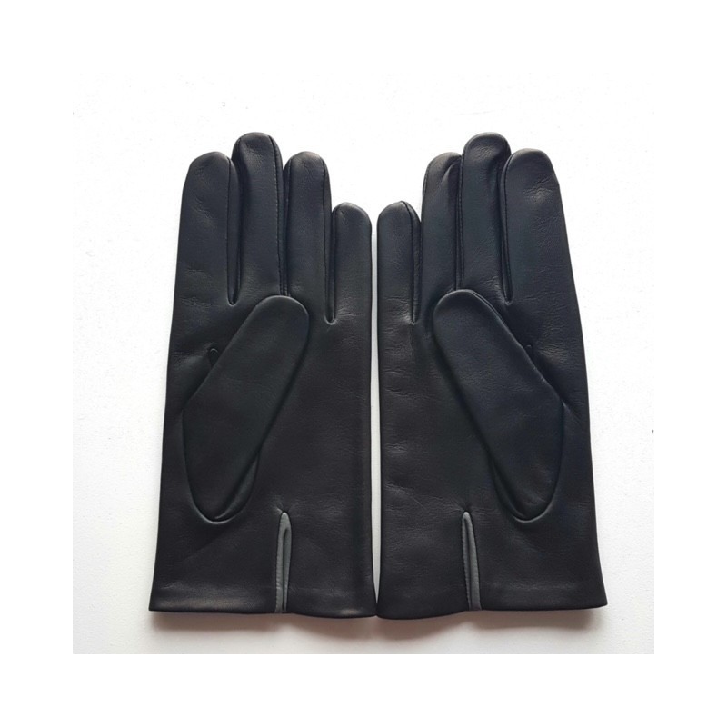 Gants en Cuir d'Agneau Noir Gris Aki Doublés Soie.